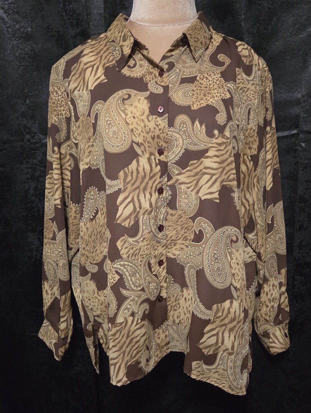 Bonworth XL Womens Brown Paisley & Animal Print Button-Up Shirt